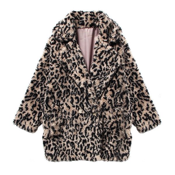

2018 women winter notched leopard hairy shaggy faux lambswool fur short oversize coat retro loose keep warm jacket, Black