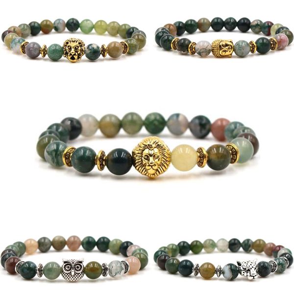 

india agate bracelet alloy lion owl buddha leopard natural stone bangles for women & men yoga bracelet gift, Black