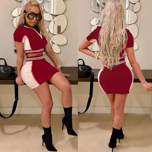 

spandex women two piece set short sleeve turn-down collar crop and skirt set summer 2 piece outfits casual tracksuit suit female, Gray