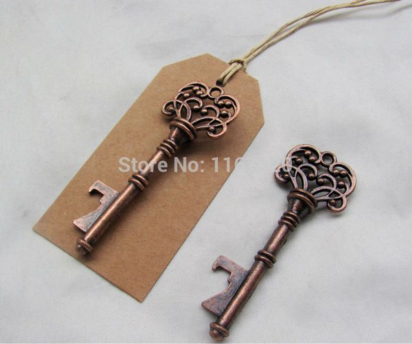 

6/24set antique copper vintage wedding skeleton key bottle opener wedding favor + kraft tag escort cards 80mm