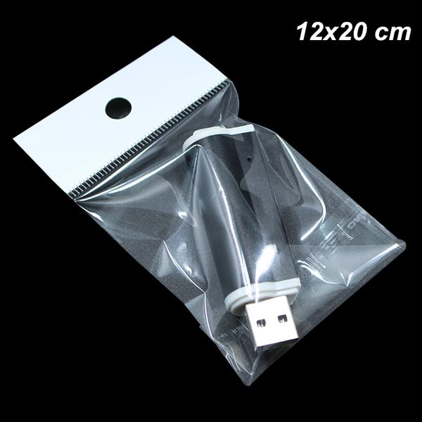 

200 pieces 12x20cm opp ploy plastic self-adhesive earphone gift pouch with hang hole self seal plastic poly bags usb cables crafts pack bags