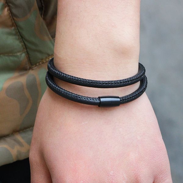 

genuine chain magnetic buckle leather bracelet vintage braided wristband for women men bracele, Black