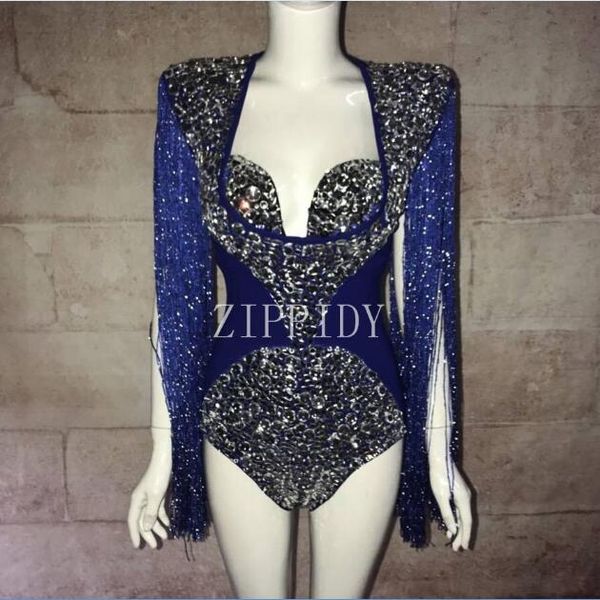 

blue tassel glisten crystals bodysuit women outfit female singer bar nightclub dance wear big stones costume performance clothes, Black;red