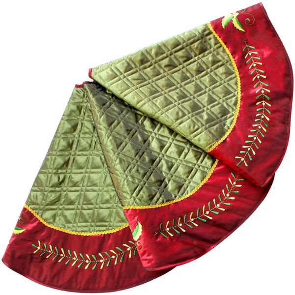 

linen slub look diamond check quilted christmas tree skirt holly leaves embroidery border -50" p2683-5