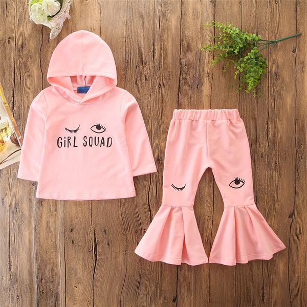 Abbigliamento per bambini Moda 2018 Primavera Autunno Big Eye Pink Girls Abiti Baby Girl Manica lunga Felpa con cappuccio Top + Pantaloni svasati Set di vestiti per ragazze