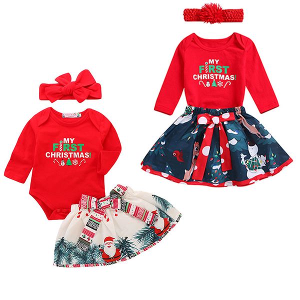 My First Christmas Romper Santa Skirt Outfits Xmas Dress 3pcs Set for Girl Baby