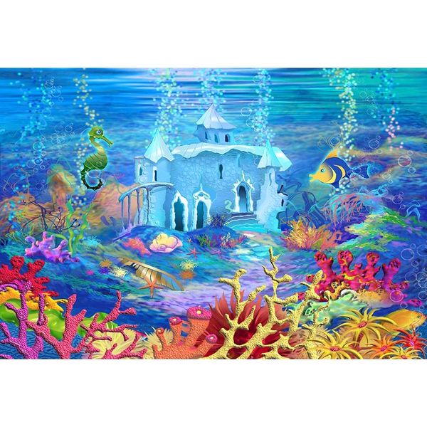 Sfondo del castello blu sotto il mare per la fotografia Stampata di alghe marine, pesci, bolle, sirenetta, sfondo per la festa di compleanno del bambino