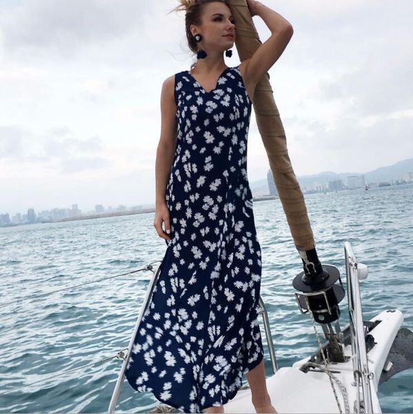 

women summer floral print maxi dress boho style beach dress sleeveless v-neck split loose dresses blue color, Black;gray