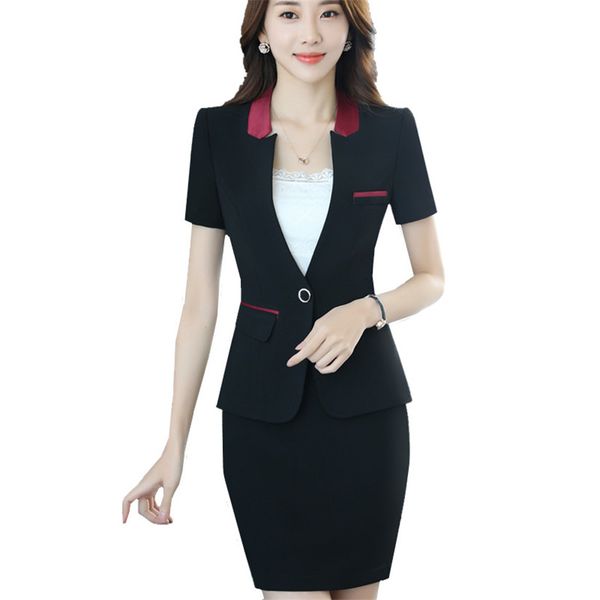 

skirt suit woman short sleeve v-neck patchwork office lady suits single button pockets design slim fashion formal clothing, White;black