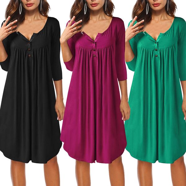 

autumn new style women's casual dress button 3/4sleeve t-shirt dress women's loose dress s  l xl green black rose, Black;gray