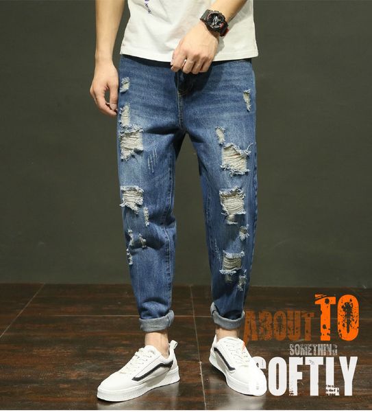 

2018 wholesale men's summer high street denim hip hop distressed hole loose little cowboy ankle length pants, Blue