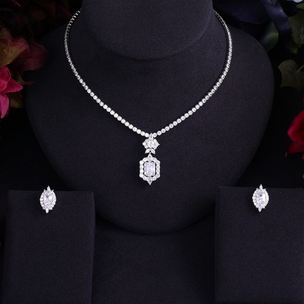 

luxury sparking brilliant cubic zircon clear earrings necklace heavy dinner jewelry sst wedding bridal dress accessories, Silver