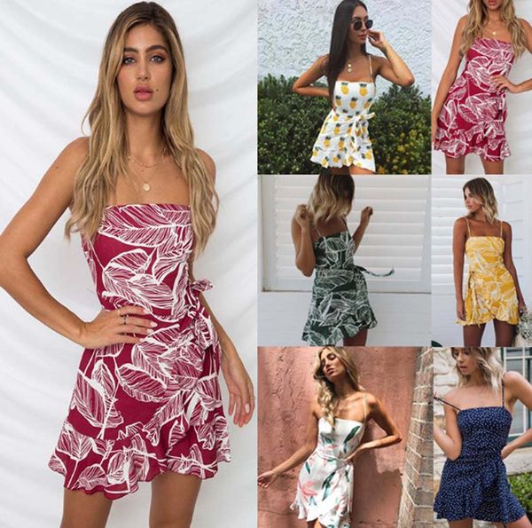 

Womens Casual Summer Sleevless Dresses Floral Backless Spaghetti Strap Floral Print Mini Short Dress Vestidos