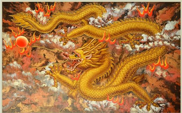 Carta da parati fotografica Stereoscopico 3D di alta qualità Super chiaro originale esclusivo tridimensionale in rilievo drago d'oro gioca perline pittura a olio