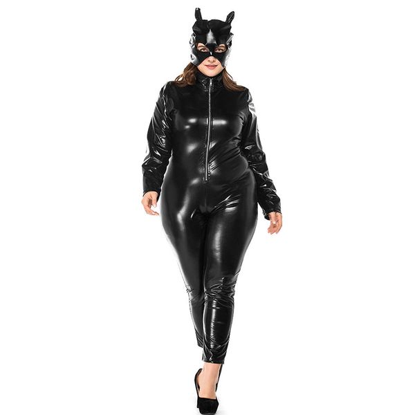 Plus Size Halloween Catwoman Kostüm Sexy schwarzer Kunstleder Catsuit Frontreißverschluss Stretch Overall Patry Cosplay Body mit Maske