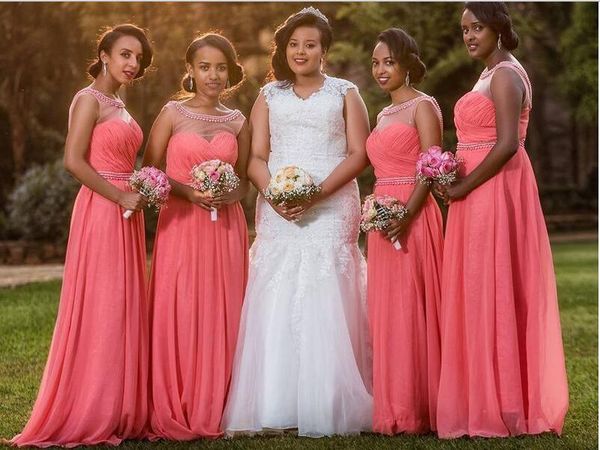 

watermelon sheer scoop neck long bridesmaid dresses beaded sequins chiffon pleats floor length a line maid of honor gowns, White;pink