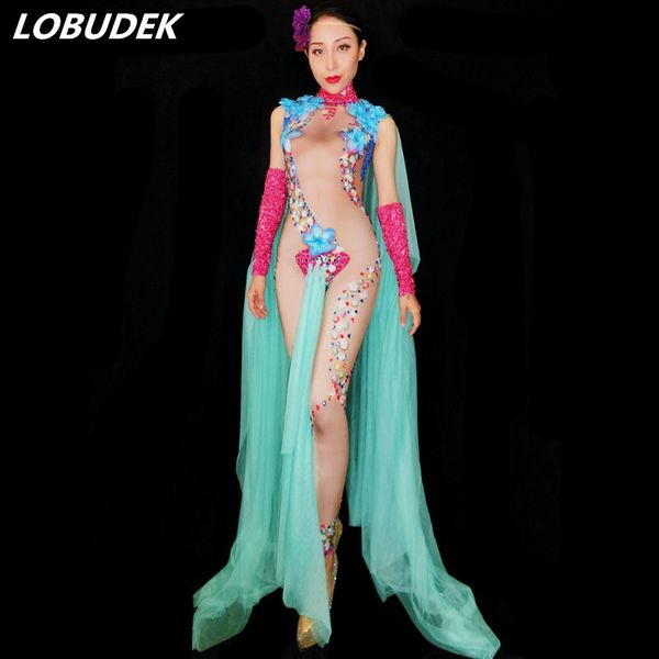 

colorful flowers crystals jumpsuit female nightclub costume bar party celebration outfit model catwalk performance bodysuit, Black;white