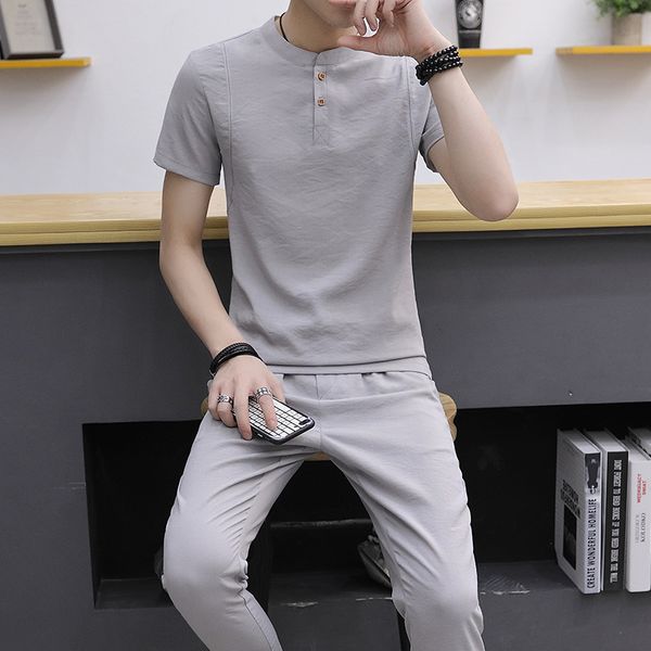 

men's pajamas summer short sleeve cotton linen pyjamas men's sleep lounge pajama set trousers, Black;brown
