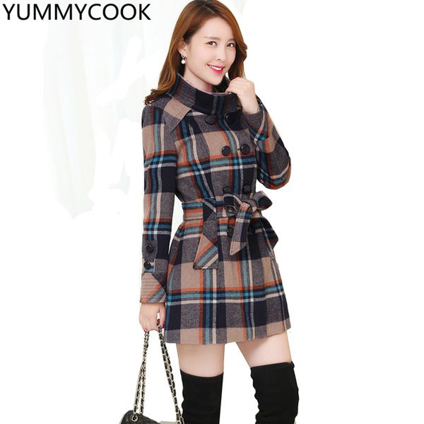 

new autumn and winter jackets women's medium long double-breasted plaid long-sleeved coat slim korean women's windbreaker f115, Tan;black