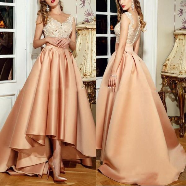 

arabic sheer appliqued lace satin prom dresses high low beads appliqued cap sleeves dubai celebrity gowns party dress, Black