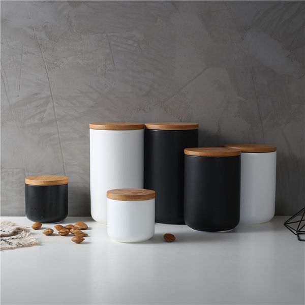 

nordic ceramic storage jar with wood lid airtight sealed ceramic canister set of 3 container for coffee tea sugar spice black white