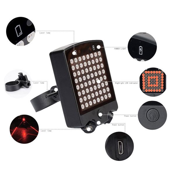 

64 led laser bicycle rear tail light bike turn signals safety warning usb recharge lights with wireless remote asd88