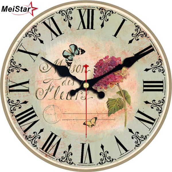 

meistar vintage round beautiful flower design wall clocks classic watches silent home cafe kitchen decoracion hogar wall clock