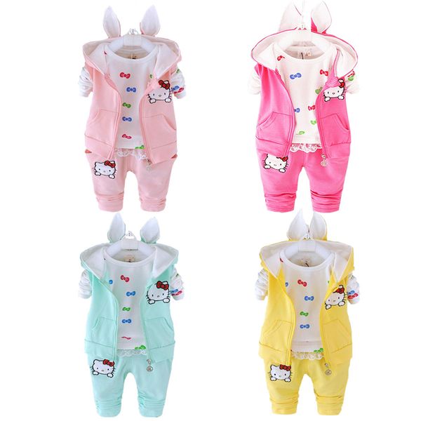 

2016 winter velvet toddler girl clothing sets 3pcs hooded coats kids clothes sets baby girls winter clothes hello kitty, White