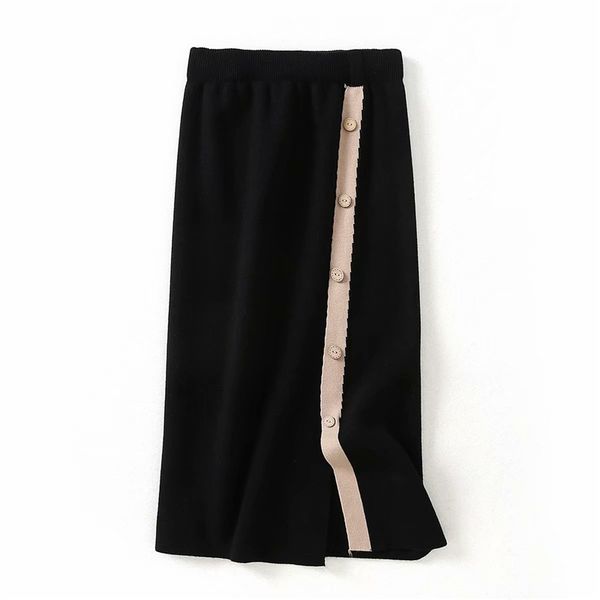 

women skirt casual striped straight front single breasted mid-calf length empire waist winter 2018, Black