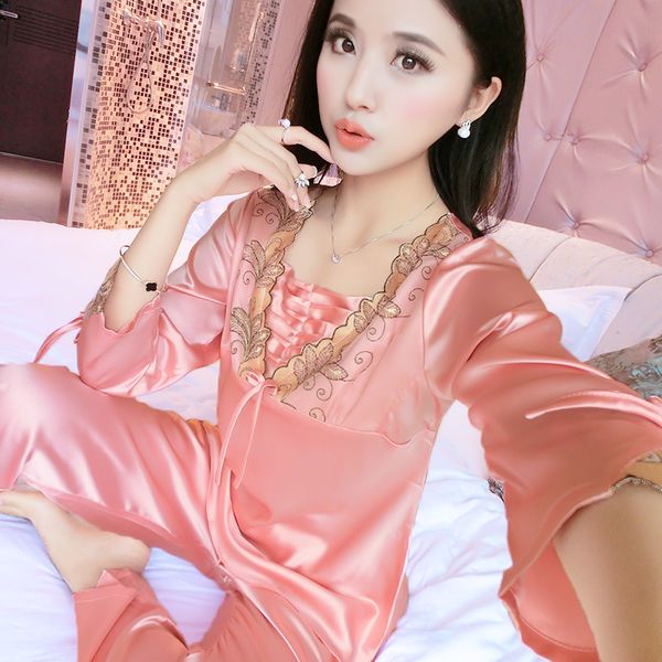 

litmon pajama sets sleepwear women autumn winter full bow lace flower solid pink red silk pajamas elegant sleepwear women, Blue;gray