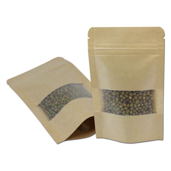 

9x14cm kraft paper stand up zipper lock matte food packing bags with clear window self sealing craft packing pouch for sugar snacks tea