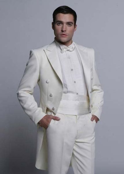 Custom Made Peaked lapela branco Tailcoat Men Party Groomsmen ternos em casamento smoking ((Jacket + Pants + Tie + Cinturão) não; 314