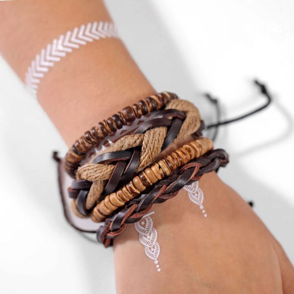 

17if vintage multilayer leather bracelet men braided handmade wood beads wax rope leather bracelets & bangles for male fashion, Golden;silver