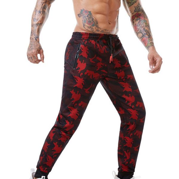 

men camouflage running pants drawstring body building jogging pants sports pencil elastic running tights trousers for man, Black;blue