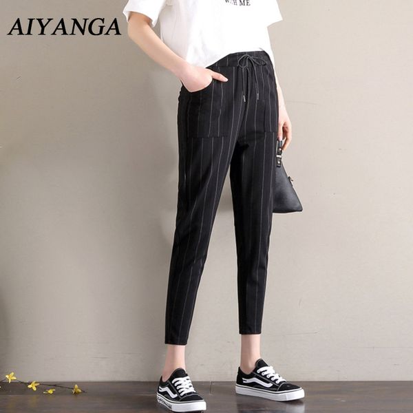 

casual striped suit pants for women 2018 spring summer elastic waist lace up loose ankle-length trousers female black s-2xl, Black;white