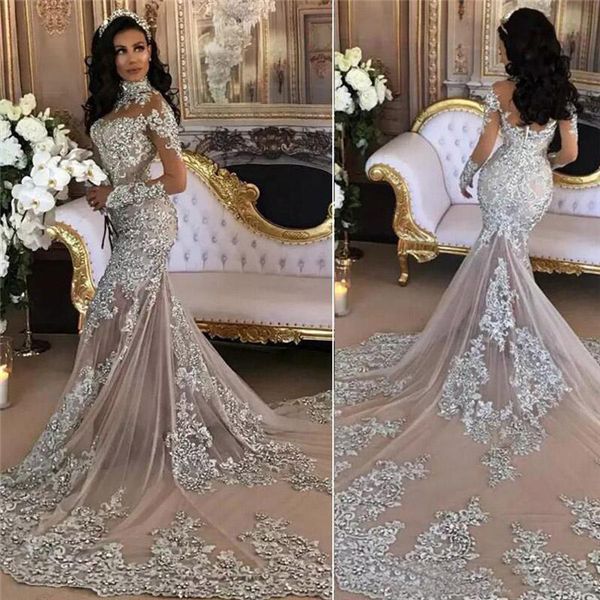 

arabic mermaid wedding dresses high neck long sleeves lace applique sequins beaded illusion sparkly saudi bridal gowns, White