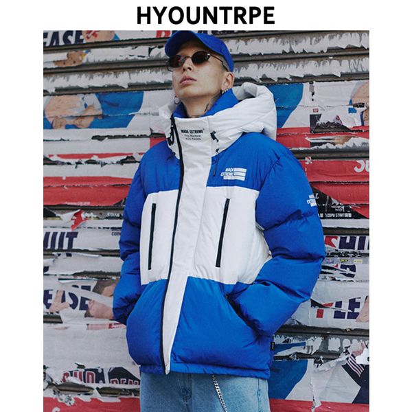 

warm winter hooded jackets men patchwork zipper thicken coat fashion letter print streetwear parkas 2018 winter jacket outerwear, Black