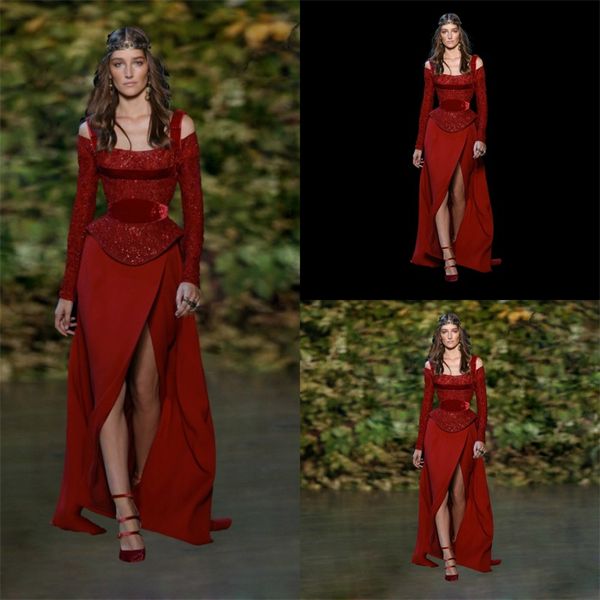 Elie Saab 2018 Vermelho Prom Dresses Beads Manga Comprida Side Dividir Formal Vestidos de Noite A Linha Lantejoulas Vestido de Festa