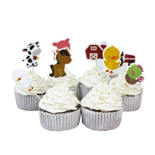 24 adet / takım Çiftlik Hayvanlar İnek Traktör Cupcake Picks Kek Toppers Karikatür Kek Ekler Kart Noel Partisi Hediyeler Çocuklar Doğum Günü Dekor için C5008