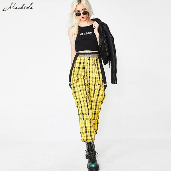 

macheda 2018 new yellow loose trousers for women streetwear sweatpants plaid high waist zippers and strap casual harem pants, Black;white