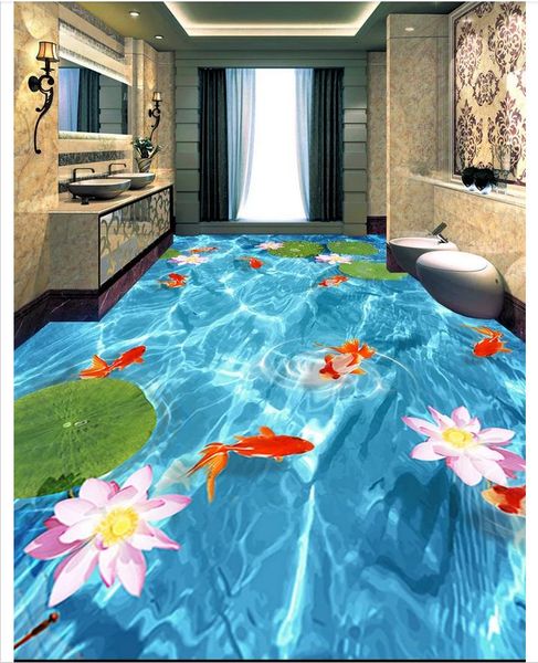 Autoadesivo pavimento murale foto wallpaper carpa giocando in limpido ondulazione acqua foglia di loto foglia 3d pavimentazione pittura decorazioni indoor