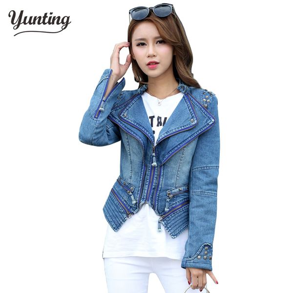 

fashion star jeans women punk spike studded shrug shoulder denim cropped vintage jacket coat womens winter jackets and coats, Black;brown