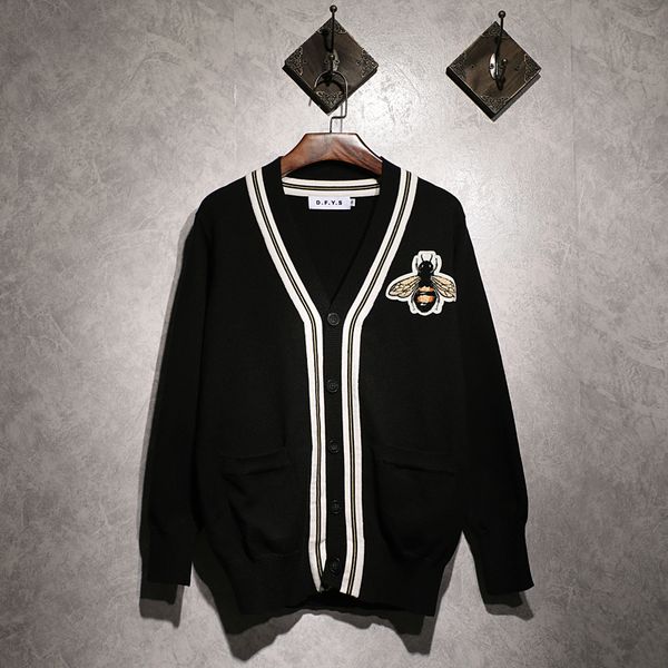 

fashion casual new brand sweater men v-neck solid slim fit chest big bee embroidery knitting mens sweaters cardigan male, White;black