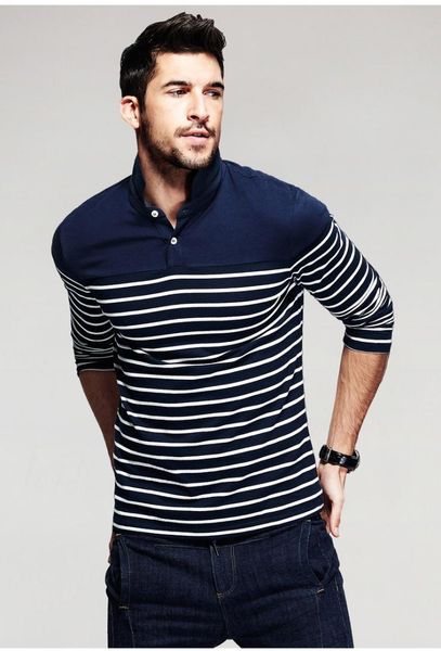 

men's turn-down collar stripe long-sleeve t-shirt 7035, White;black