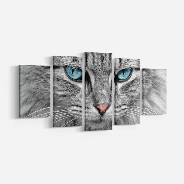 

5 pieces modern art grey cat with blue eyes canvas painting wall art picture animal print and poster room decoration