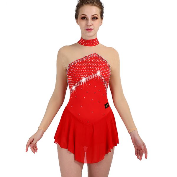 

figure skating dress red elasticity crystal custom ice skating clothing girls women competition wear ice dress zh8029, Black;red