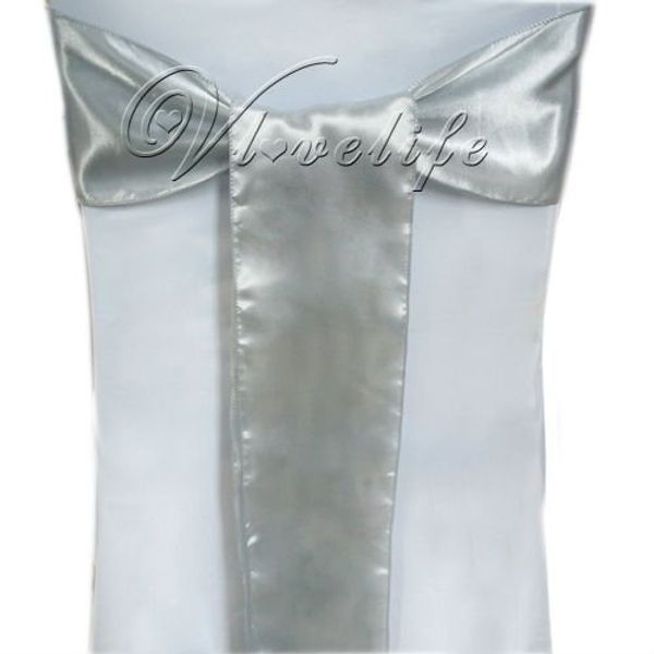 

wholesale-50pcs silver satin chair sashes bows 15cmx275cm wedding party decorations supply