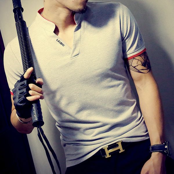 

short sale fashion solid v-neck fit shirt slim summer cotton sleeve casual shirt men t men's tees mens t-shirt 5xl obwvm, Black