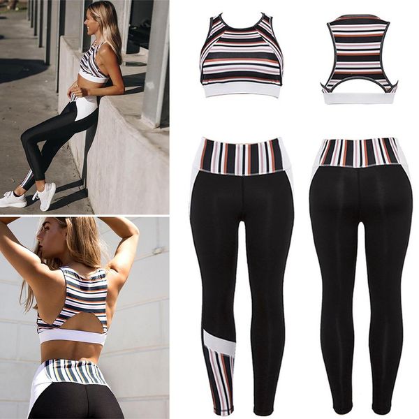 

new arrival yoga tights tracksuit strips stitching with sport bra&pants women's sportswear suit fitness clothing sports set, White;red