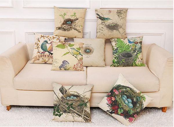 Beautiful Bird Nest Linen Cushion Covers Home Office Sofa Square